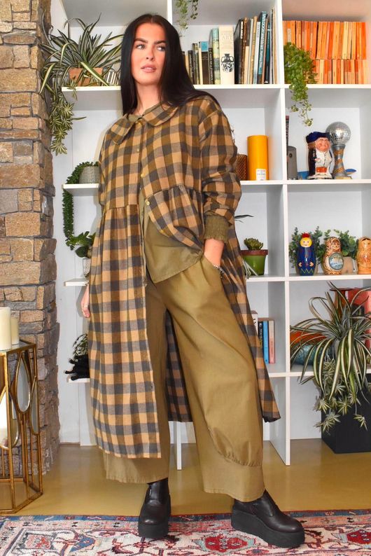 Nora Brushed Cotton Gingham Frock Coat Deep Olive